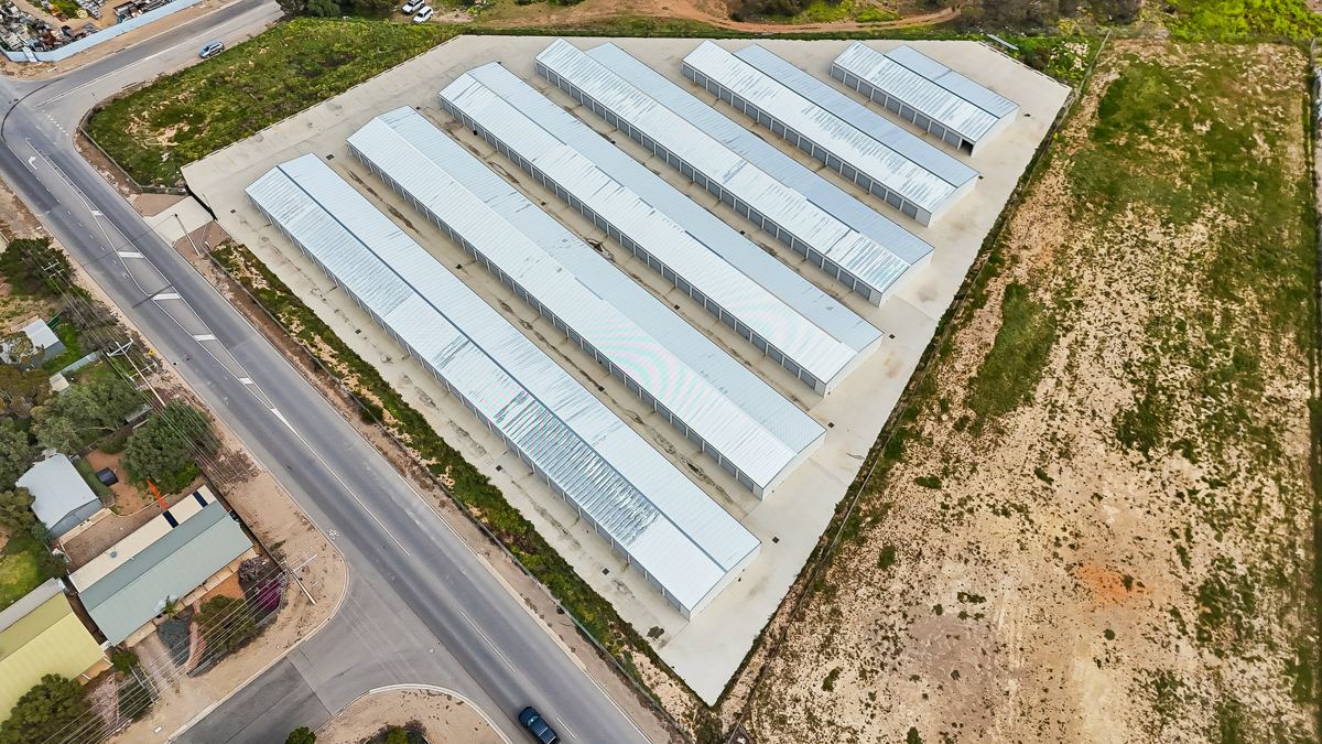 Overhead view of the shed rows at SafeHouse Storage, Murray Bridge